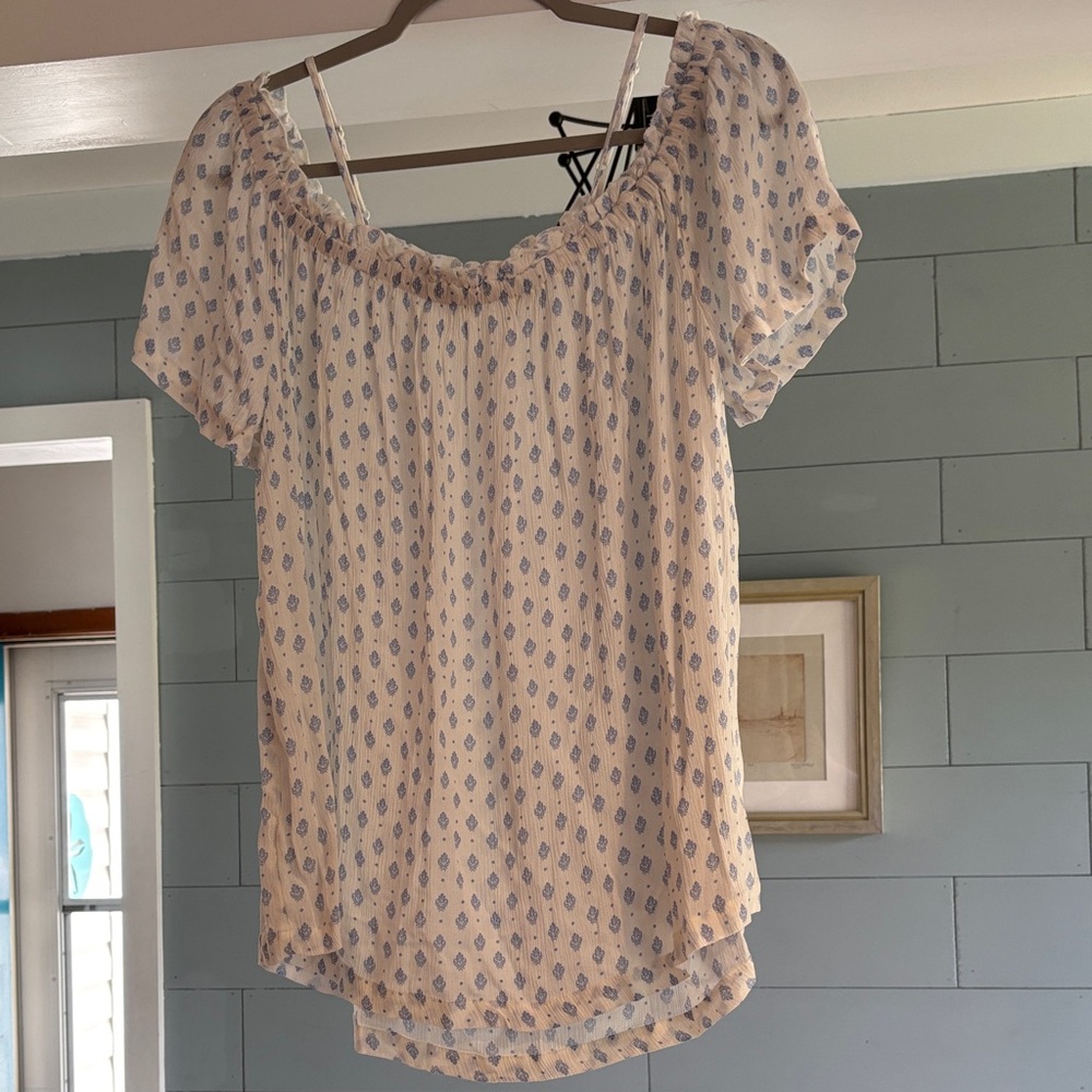 Elegant Cream and Blue‎ Patterned Blouse